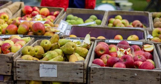 Stacked wooden crates featuring a variety of apples and pears with cut samples sit outside at a farmers market.