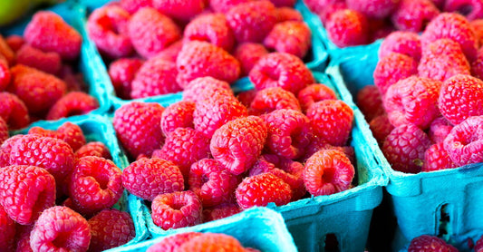 A produce display features red raspberries in pulp berry baskets. Green pears and blackberries sit in baskets at the back.